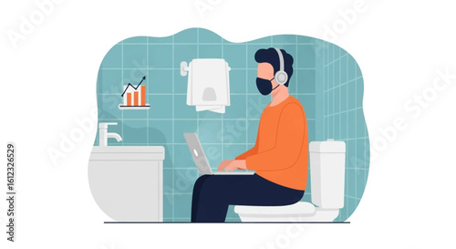 Man working on laptop in bathroom, wearing a face mask and headphones.  Perfect for articles about remote work, work-life balance, or unusual workspaces.
