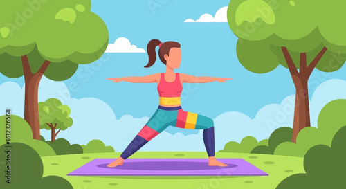Woman practicing yoga in a park, perfect for wellness websites or brochures.