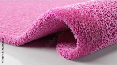 Close-up of pink textured fabric roll on white background