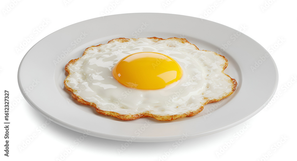Close-up of a sunny side up egg served on a white plate. Perfectly cooked yolk and crispy edges. Simple and delicious breakfast. Close-up of a sunny side up egg served on a white plate. Perfectly cooked yolk and crispy edges. Simple and delicious breakfast.