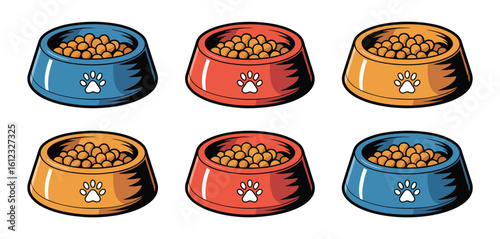 Six colorful pet food bowls filled with kibble arranged in two rows
