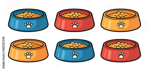 Six colorful pet food bowls filled with kibble arranged in two rows