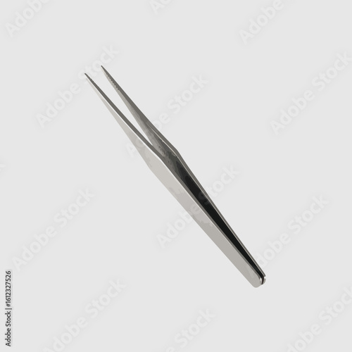 Close up of fine point stainless steel tweezers against a neutral grey background