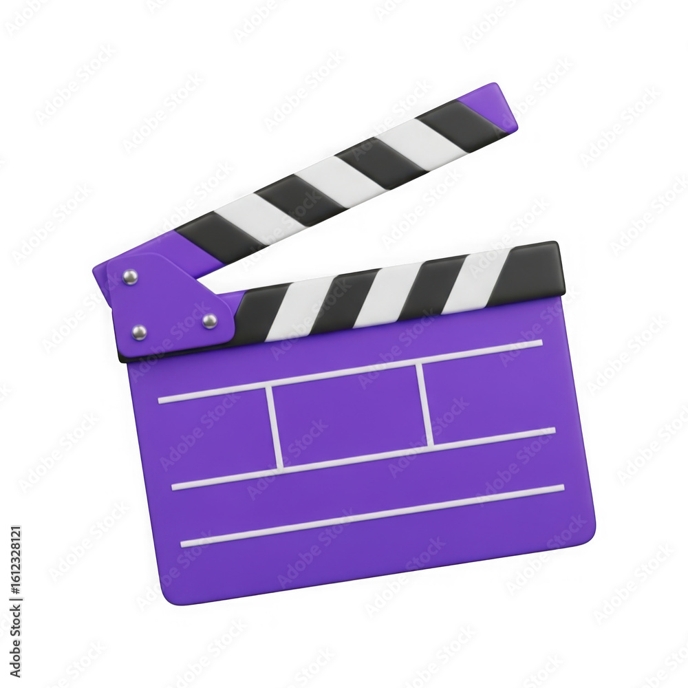 Fototapeta premium Purple movie clapperboard with black and white stripes 3d rendering isolated on transparent background for filmmaking and production