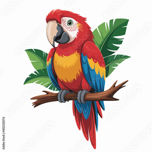 Vibrant scarlet macaw parrot perched on a branch with tropical leaves