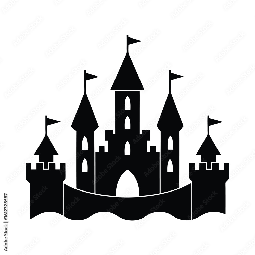 Obraz premium Majestic medieval castle silhouette with flags
