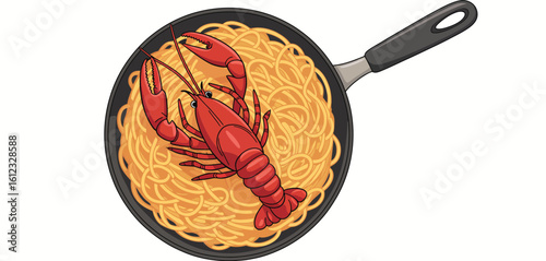 Delicious lobster and spaghetti in a frying pan