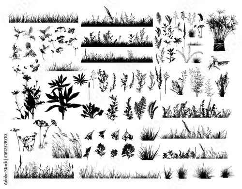 Set of horizontal banners of meadow silhouettes with grass. hand drawn. Not AI, Vector illustration.