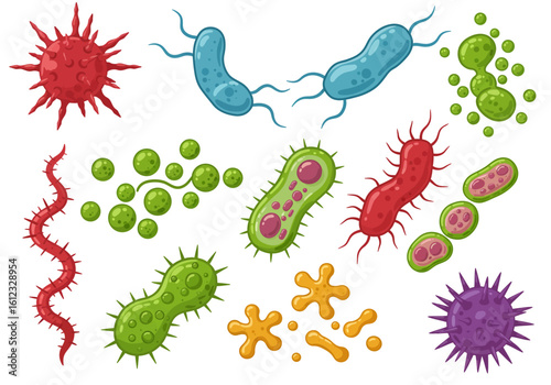 Vibrant collection of diverse cartoon bacteria and viruses showcasing scientific research and medical concepts with playful, colorful designs for educational and healthcare purposes