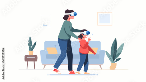 Minimalist Vector of Parent Helping Child Use VR for Learning at Home