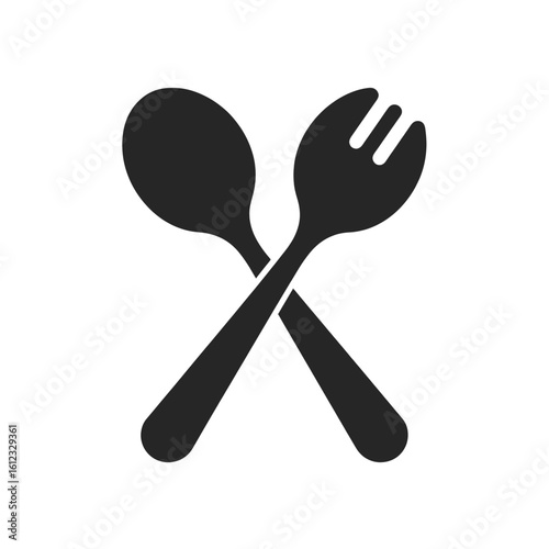 Crossed spoon and spork icon, a simple black silhouette of modern dining utensils for a restaurant or cafe.