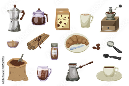 Aesthetic coffee elements set. Moka pot, cezve, coffee grinder, beans, croissant, cinnamon, mugs. Icons for breakfast designs, cafe branding and kitchen illustrations.
