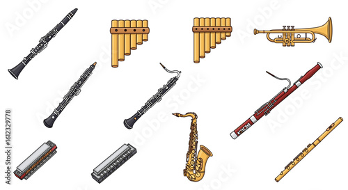 Illustration showcasing a variety of musical wind instruments including woodwinds and brasswinds