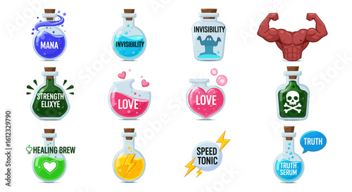 Collection of twelve cartoon potion bottles with different effects including mana love and strength
