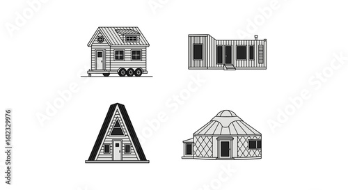 Illustration showcasing four unique tiny house designs including a trailer home and a yurt dwelling