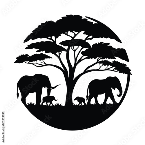 African savannah scene with elephants and acacia tree silhouette