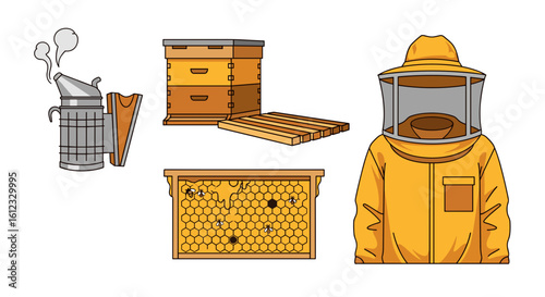 Illustration showing beekeeping equipment including a smoker, bee hive, frame, and beekeeping suit