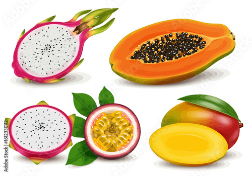 Vibrant tropical fruits including dragon fruit, papaya, passion fruit, and mango, bursting with freshness and exotic flavor for healthy eating and culinary inspiration