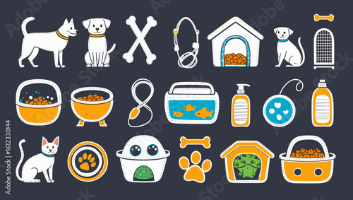 Illustration of various pet related items including dogs cats fish and pet accessories and supplies