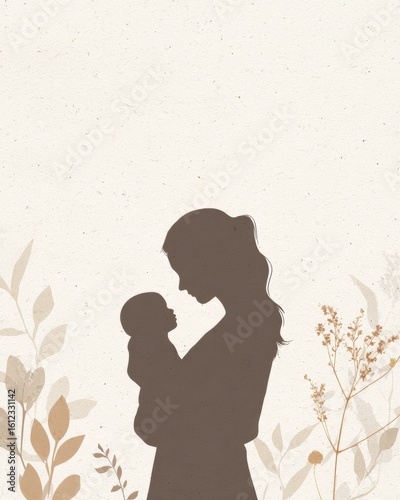 Silhouette of mother and child with floral background in neutral tones. Postpartum depression and maternal mental health. World Breastfeeding Week, maternity leave