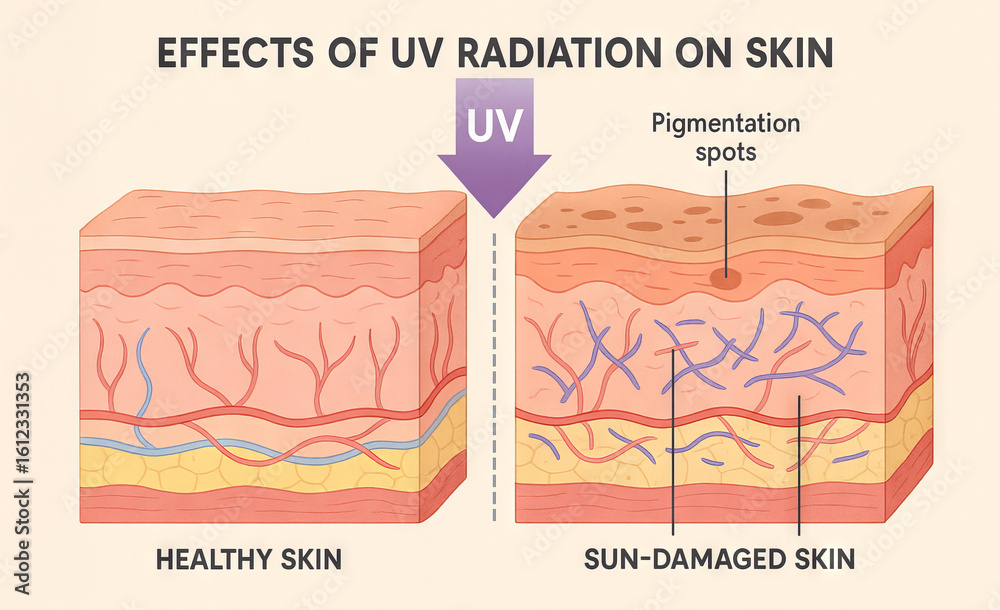 Obraz premium Illustration of uv effects on skin showing healthy skin versus sun damaged skin with pigmentation spots. concept of skin health, uv radiation awareness, dermatology education