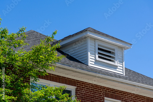 Billede på lærred Traditional dormer with louvered vent on a sloped residential roof in Boston, US