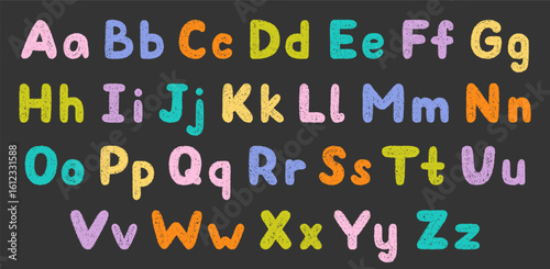Crayon alphabet doodle set. Chalk pencil font, school wax kid letters in sketch style. Hand drawn vector illustration isolated on black background.