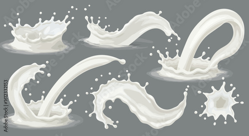Dynamic white liquid splashes and droplets create a fresh, energetic dairy beverage advertising concept with beautiful fluid motion and artistic swirls