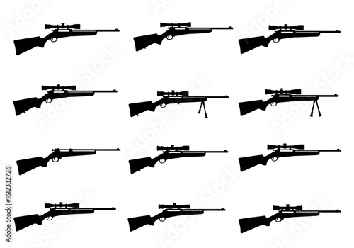 Discover a versatile collection of sniper rifles with scopes, presented in clean, professional silhouettes for diverse design applications and visual storytelling.