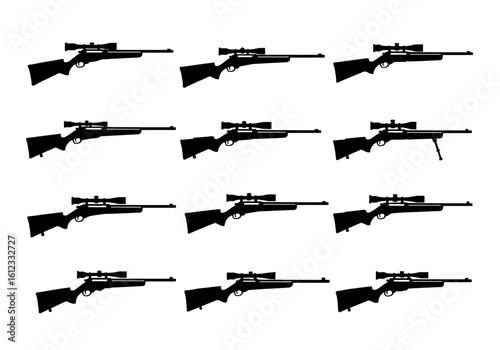 Discover a collection of sleek, modern rifle silhouettes, perfect for conveying themes of precision, power, and outdoor adventure in your projects.