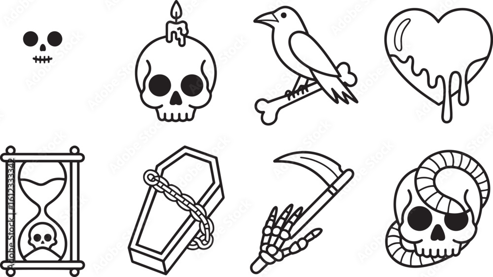 Φωτογραφία Grim Line Art Vector Set Skull Candle Raven Heart Hourglass Coffin Scythe Demon