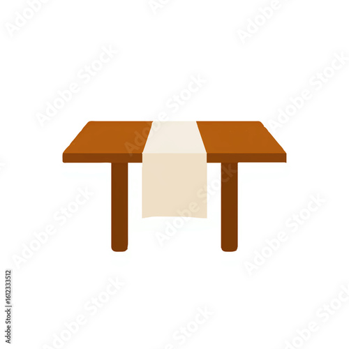 Isometric wooden table with cloth runner on white

