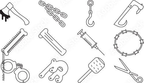 Horror Tools Icons Set Axe Chains Hook Saw Wrench Syringe Barbed Wire Handcuffs Mallet Scissors