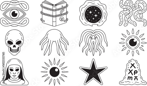 Mystical Occult Symbols Collection Line Art Vector Illustration for Esoteric Designs and Spiritual Themes