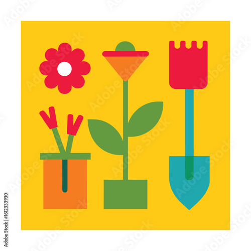 Bright Garden Tools and Flower Postage Stamp Set