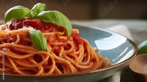 A close-up shot of delicious spaghetti with tomato sauce and basil leaves.