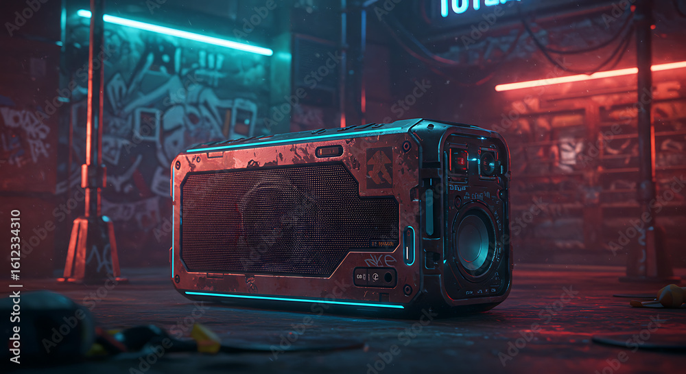 Fototapeta premium Rugged futuristic speaker with glowing neon accents in gritty urban setting