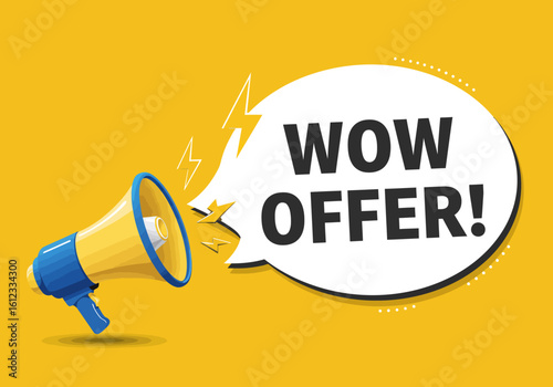 Announce your amazing deals with this vibrant megaphone and 'Wow Offer!' speech bubble, perfect for grabbing customer attention and driving sales.