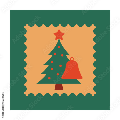 Hand Drawn Christmas Tree and Bell Postage Stamp Set