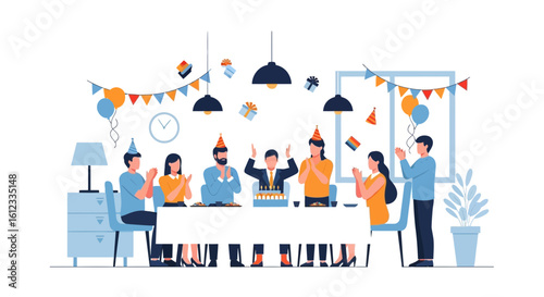 Happy Birthday To Coworker With Team Celebrate In Office Illustration