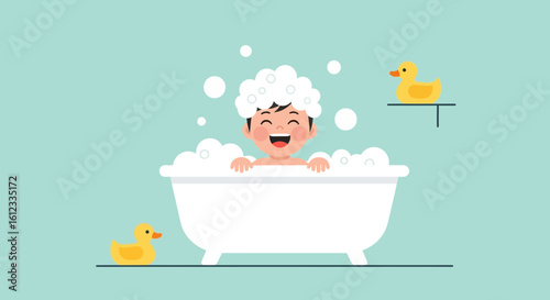 Happy Boy Enjoying Bubble Bath With Rubber Duckies In A Cozy Bathroom