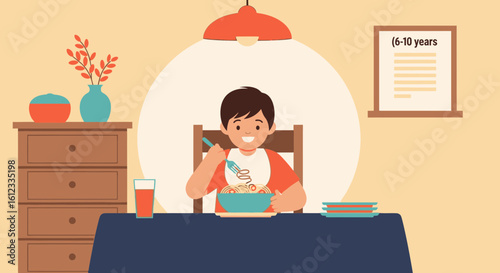 Happy Boy Enjoying Spaghetti Meal At Dinner Table In Cozy Room