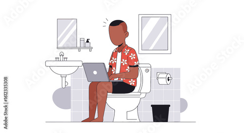 Man working on laptop while sitting on toilet, illustration for blog post about work-life balance.