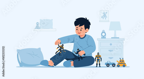 Happy Boy Playing With Toys In His Room At Home Illustration