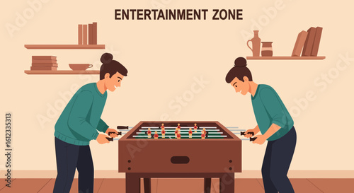 Foosball Fun: Two Friends Enjoying a Game in an Entertainment Zone Setting