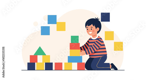 Happy Boy Playing With Colorful Building Blocks And Developing Skills