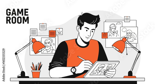 Freelance Illustrator Working From Home Studio Drawing Concept Art For Video Game