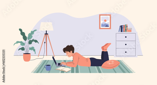 Freelance Lifestyle Man Using Laptop On Living Room Carpet At Home