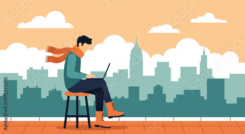 Freelancer Working Outdoors With Cityscape Background And Creative Vector Illustration