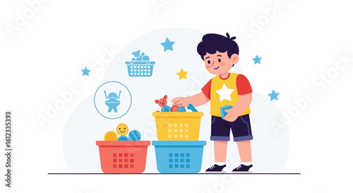 Happy boy tidying up toys in colorful baskets, playful childhood scene